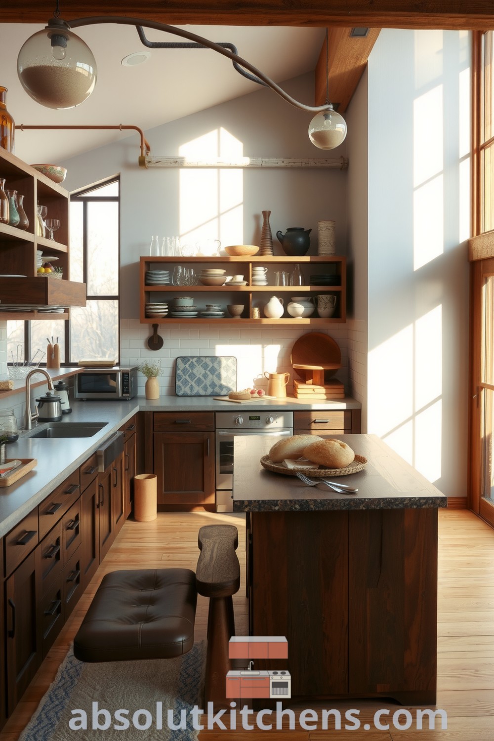 Cozy loft kitchen featuring rustic wood cabinets, natural stone countertops, open shelving with mismatched glassware, and a chunky wooden island inviting gatherings, showcasing decor ideas and inspirations for a warm home atmosphere. Visit fireplacesandwoodstoves.com for more inspiring home design ideas.