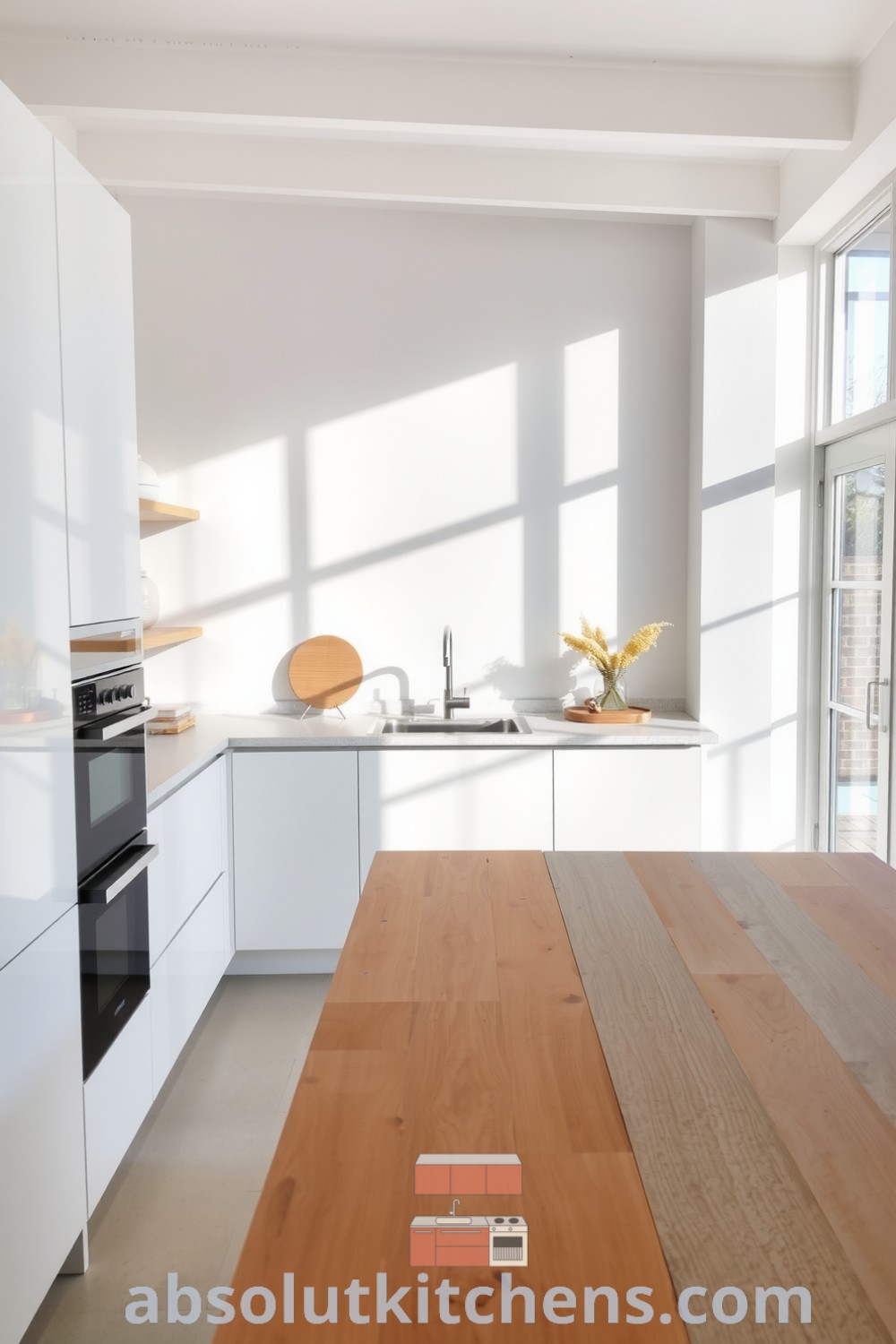 A serene minimalist kitchen designed with soft white tones, sleek matte cabinets, a warm wooden table, and textured stone countertops, creating a cozy home atmosphere perfect for gatherings, from fireplacesandwoodstoves.com.