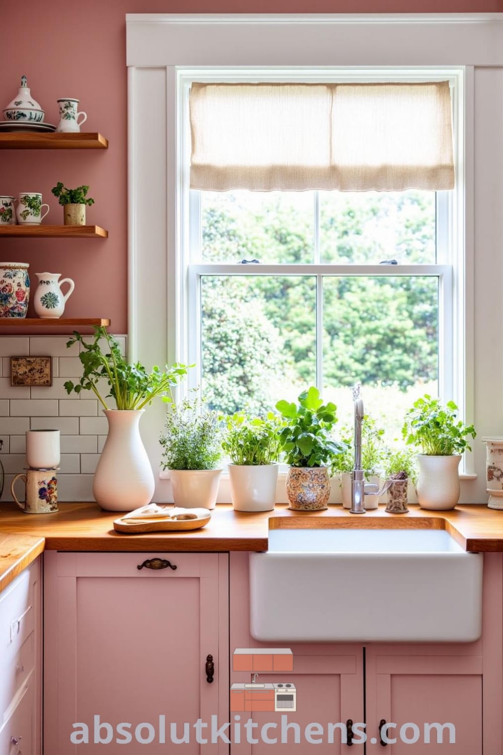 Rustic kitchen illuminated in soft pink tones, featuring worn wooden countertops, a farmhouse sink under a sunlit window, thriving herbs, and vintage ceramic dishes on open shelves, ideal for cozy home inspiration and decor ideas from fireplacesandwoodstoves.com.