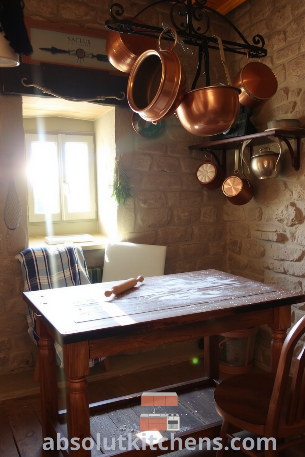 Cozy French kitchen with rustic stone walls, a weathered farmhouse table adorned with flour and rolling pins, and hanging copper pots, creating an inviting atmosphere filled with the aroma of garlic and rosemary, perfect for culinary enthusiasts. Visit absolutkitchens.com for inspiring design ideas.