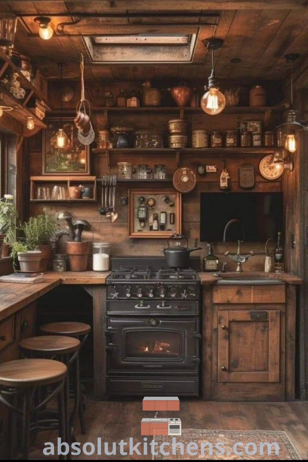An old-fashioned kitchen with wooden walls and flooring, pots on the stove top, showcasing inspiring rustic kitchen design ideas for cozy home aesthetics and small spaces. Discover more quaint kitchen decor inspirations at absolutkitchens.com.