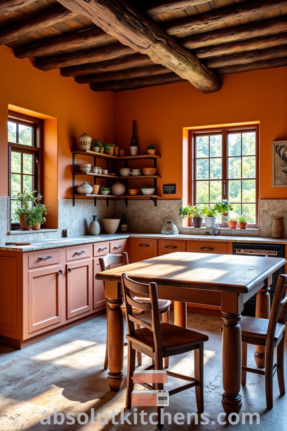 Rustic kitchen with orange-hued walls, dark wooden beams, a sturdy farmhouse table, and mismatched chairs, featuring ceramic bowls and fresh herbs from the window garden, inspiring cozy home decor ideas from fireplacesandwoodstoves.com.