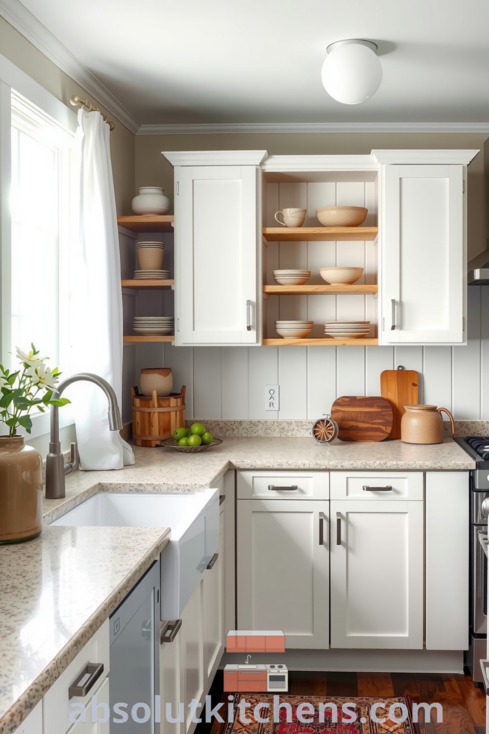 Cozy farmhouse kitchen featuring white cabinetry, distressed wooden accents, a large farmhouse sink, textured stone countertops, and open shelving displaying hand-thrown pottery, creating an inviting and warm atmosphere perfect for home cooking. Visit absolutkitchens.com for more inspiring decor ideas.