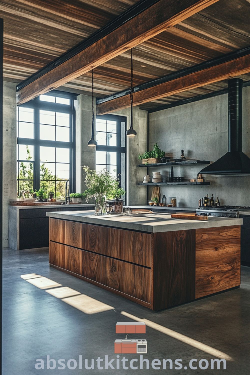 Urban loft kitchen with reclaimed wood island and warm wooden cabinetry on absolutkitchens.com, featuring loft kitchen design, industrial style, and cozy aesthetic.