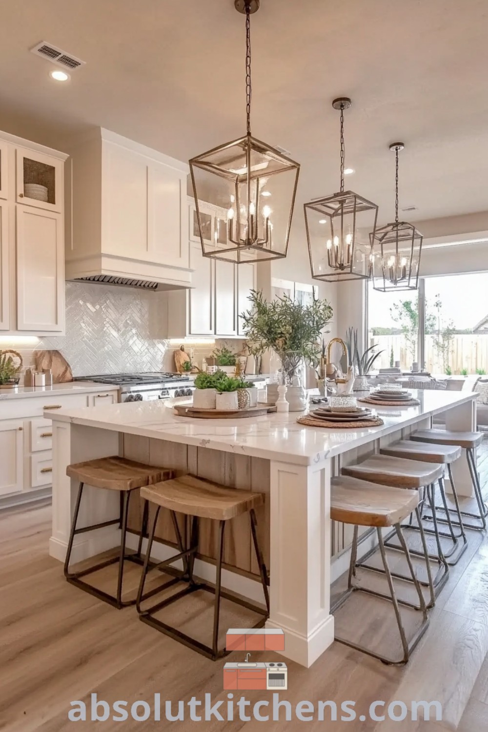 A beautiful kitchen island with stools and pendant lights over the counter, showcasing island kitchen ideas for a modern farmhouse aesthetic. This design emphasizes functional decor ideas while inspiring cozy aesthetics and trends for your home. Explore more inspiring kitchen designs at absolutkitchens.com.
