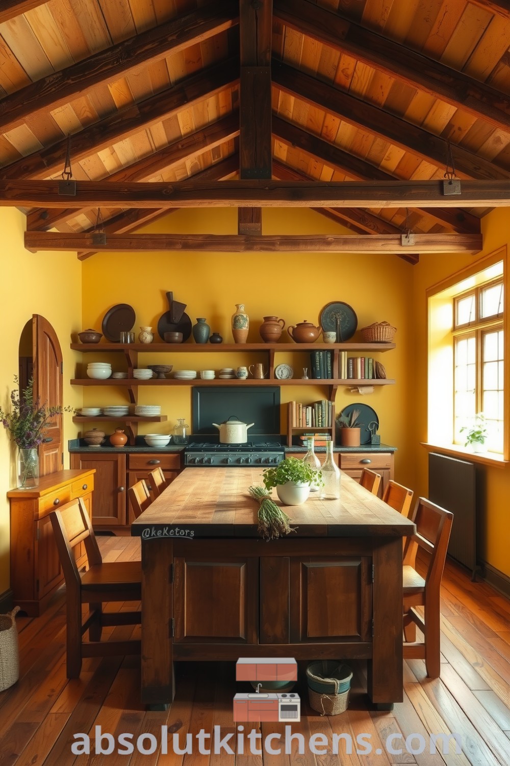 Cozy rustic kitchen featuring aged wooden beams, butcher block countertops, hand-thrown pottery, and sunlight streaming through a window, reflecting a warm ambiance perfect for family gatherings, showcasing unique ideas and inspirations for your home on absolutkitchens.com.