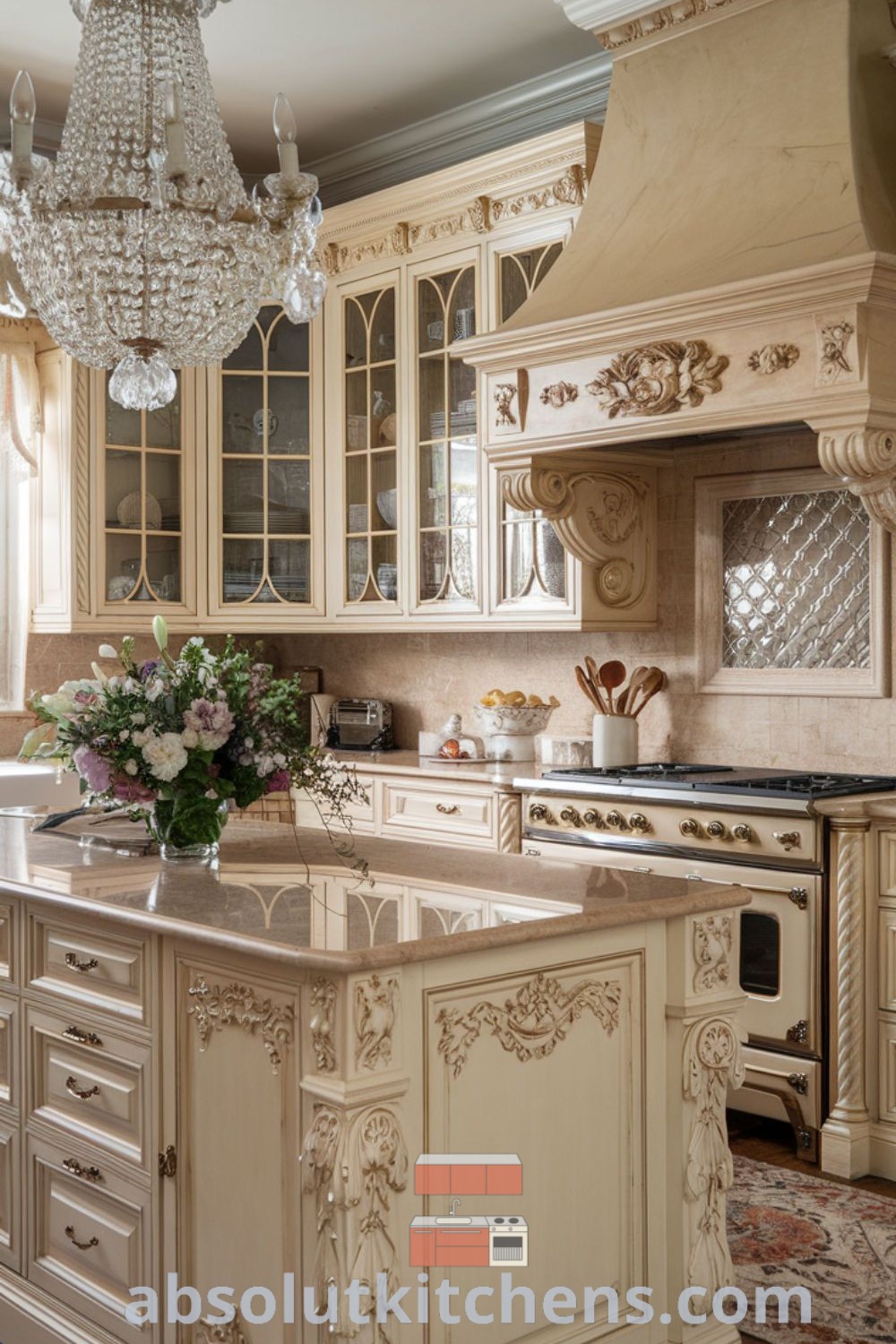 A beautiful modern French country kitchen showcasing ornate cabinets, a large island, and a chandelier, embodying elegant French interior design. This cozy aesthetic integrates French corbels and inviting decor ideas, making it a perfect space for house or apartment inspiration. Visit absolutkitchens.com for more design tips and trends.