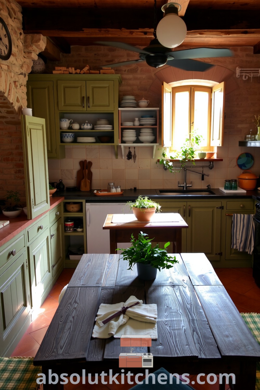 Cozy French kitchen with weathered stone walls, pastel-painted cabinets, mismatched dishes, a heavy wooden table, and fresh herbs on the windowsill, offering warm inviting atmosphere and decor ideas for your home at absolutkitchens.com.
