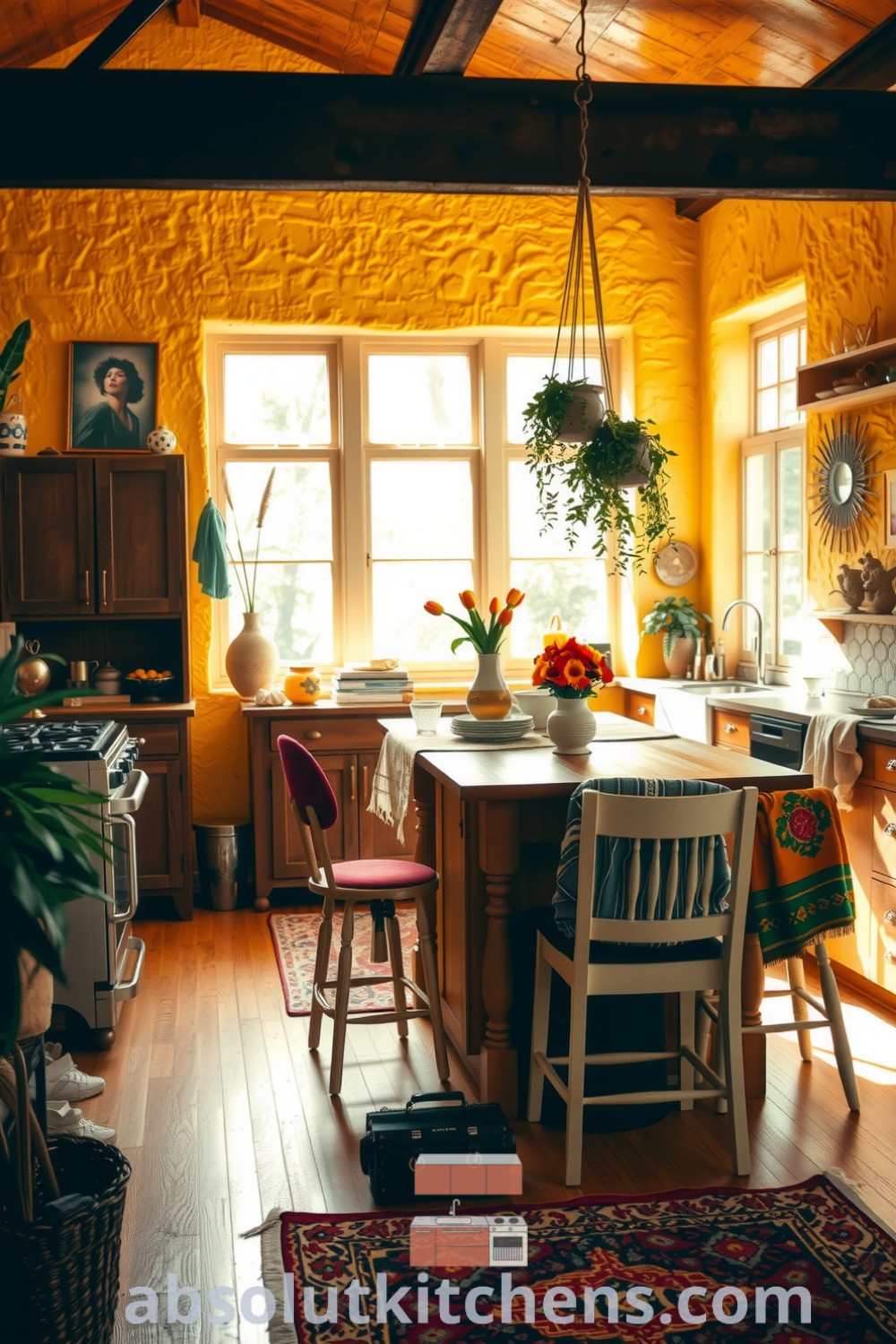Cozy boho kitchen drenched in warm yellow tones, featuring large windows that light up textured walls with eclectic art, a wooden island, colorful textiles, hanging plants, and a vintage rug, creating a warm and inviting atmosphere. Visit absolutkitchens.com for inspiring decor ideas for your home.