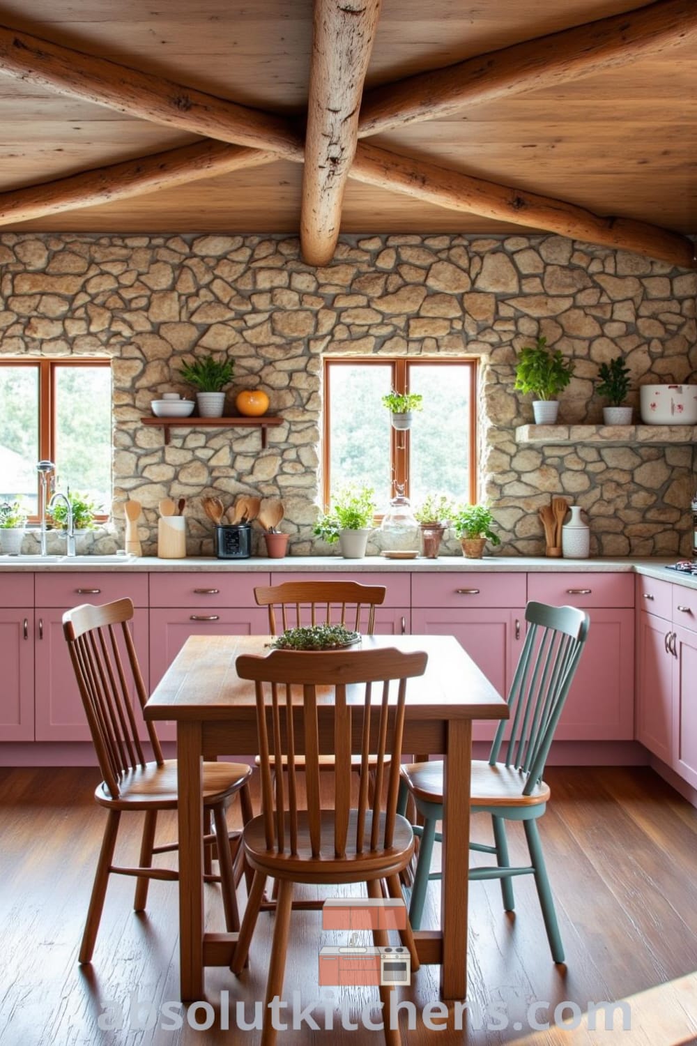 A cozy rustic kitchen with soft pink tones, warm wooden accents, exposed beams, and a textured stone wall, featuring a central sturdy table surrounded by mismatched chairs and bright natural light, offering unique ideas for home decor inspirations on fireplacesandwoodstoves.com.