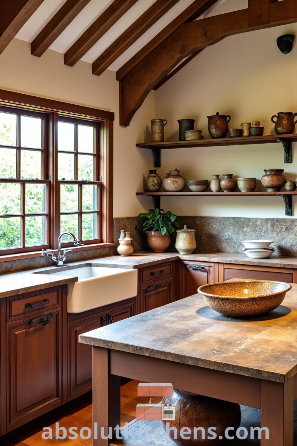 Cozy rustic kitchen featuring warm brown tones, wooden beams, farmhouse sink, open shelves with mismatched ceramics, and a large communal table, creating a welcoming atmosphere filled with family memories and designed for comfort and togetherness. Visit fireplacesandwoodstoves.com for cozy design ideas.