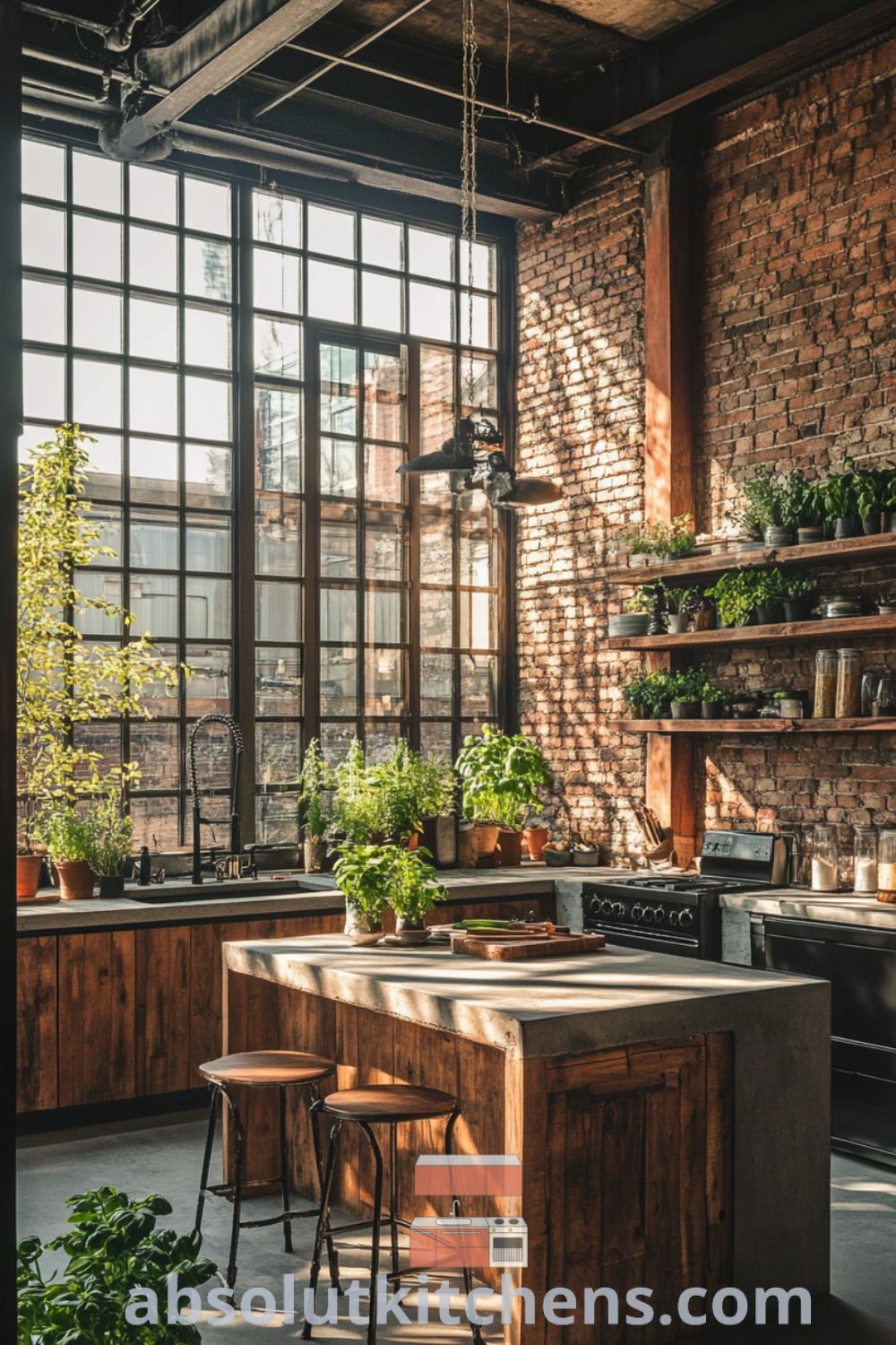 Spacious loft kitchen scene on absolutkitchens.com featuring reclaimed wood cabinetry, polished concrete island, urban loft kitchen vibes, and cozy aesthetic decor ideas for small spaces.