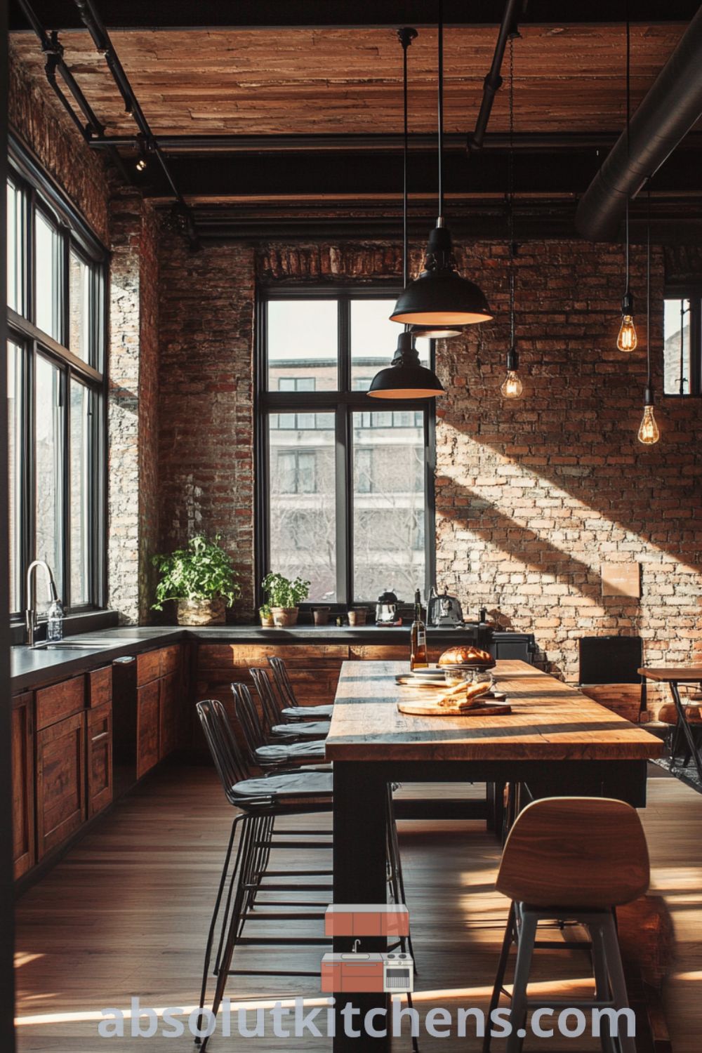 Loft kitchen design on absolutkitchens.com featuring industrial decor, cozy aesthetic, and warm gathering spaces with reclaimed wood elements.