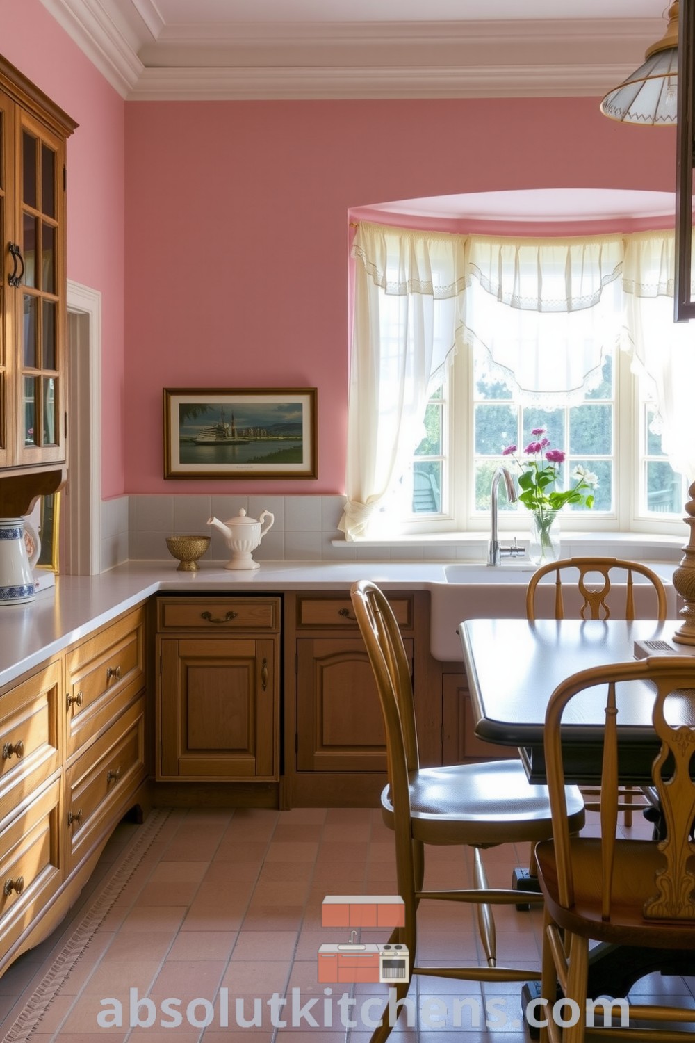 Cozy Victorian kitchen with soft pink walls, ornate wooden cabinetry, a farmhouse sink under a bay window with lace curtains, and a vintage oak table surrounded by mismatched chairs, showcasing inspiring decor ideas for a warm and inviting atmosphere at absolutkitchens.com.