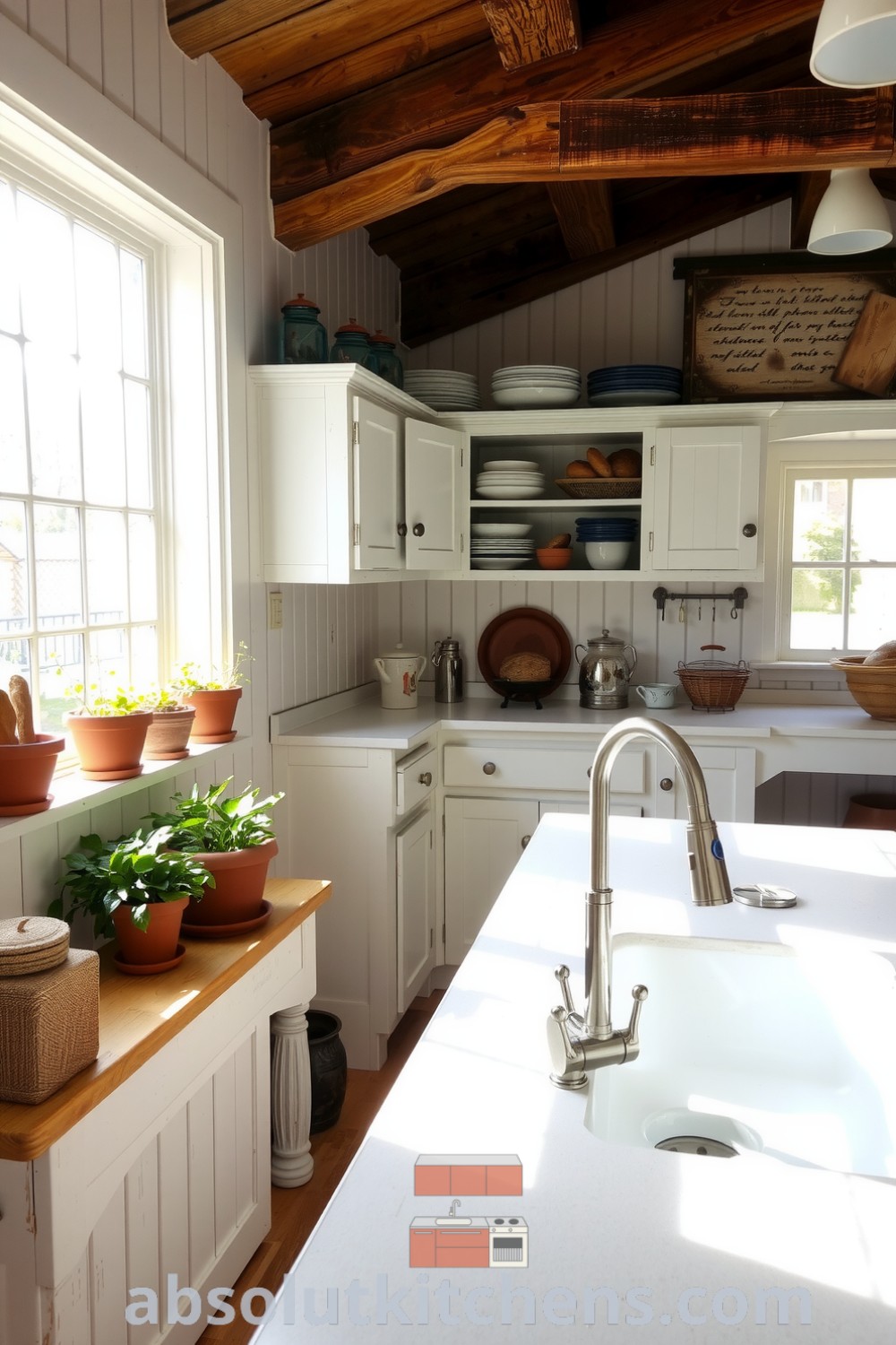 Cozy white farmhouse kitchen with rustic wooden beams, a sturdy central table, weathered cabinets filled with mismatched dishware, fresh herbs on the windowsill, and a gleaming sink, creating an inviting atmosphere. Visit absolutkitchens.com for inspiring decor ideas and cozy aesthetics.