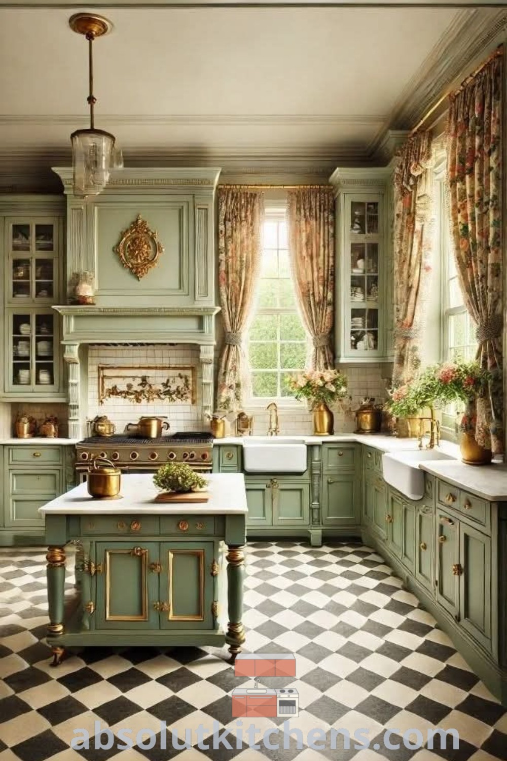 A kitchen with sage green cabinetry and checkered flooring, showcasing Victorian style and vintage decor ideas for small spaces. This romantic shabby chic kitchen offers cozy aesthetics and inspires design trends for your home at absolutkitchens.com.