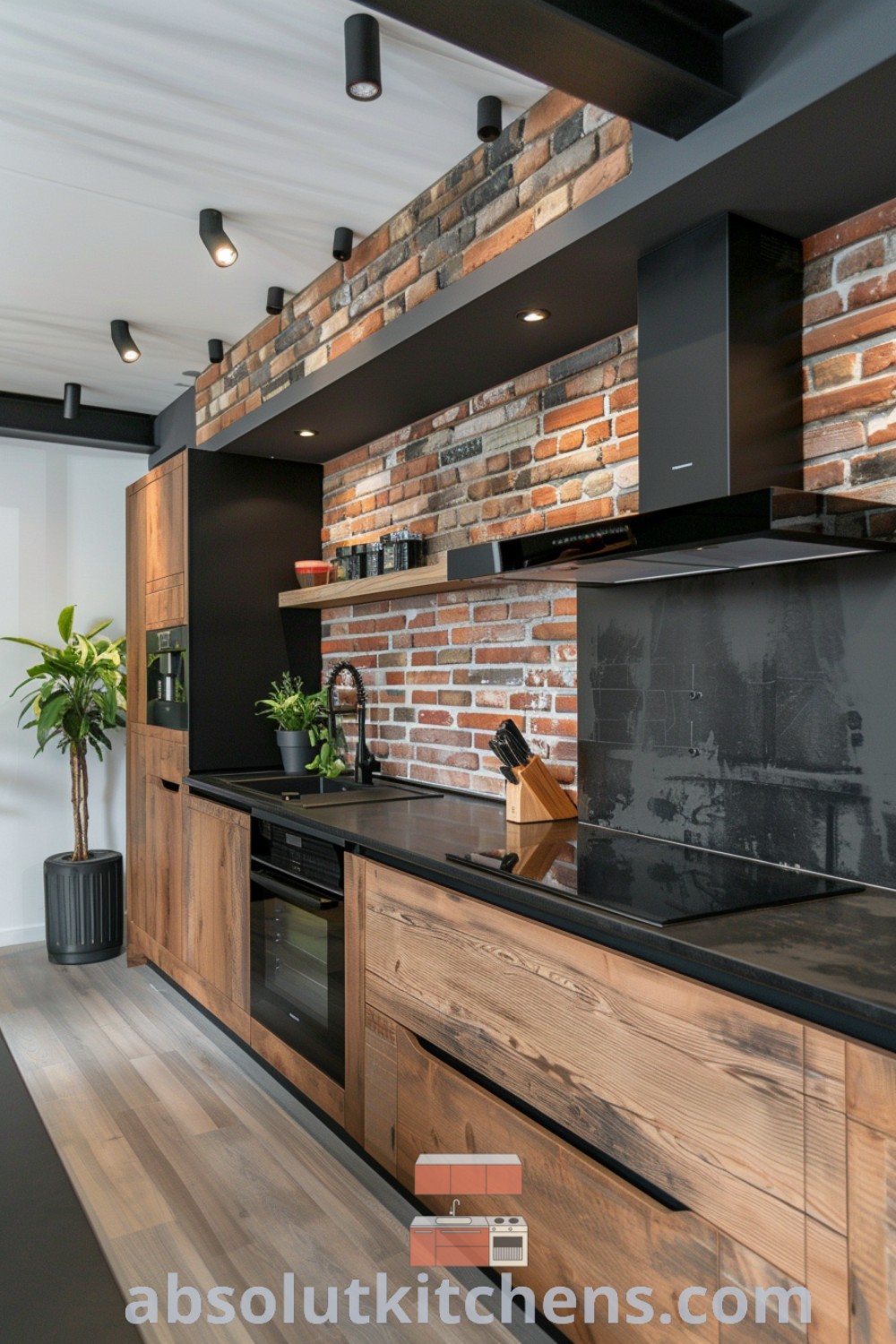 A modern kitchen featuring a brick wall, wooden counter tops, and black appliances, combining rustic and contemporary design elements. This space offers inspiring ideas for your home and cozy decor inspirations, showcasing modern kitchen design with unique ideas. Explore more at wellnesswink.com.