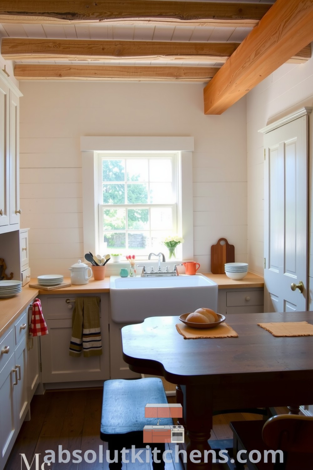 Cozy farmhouse kitchen with rustic wooden beams, mismatched dishware, and a deep farmhouse sink under a large window, offering a view of the garden and filled with the scent of freshly baked bread. Visit absolutkitchens.com for more cozy decor ideas and inspiration.
