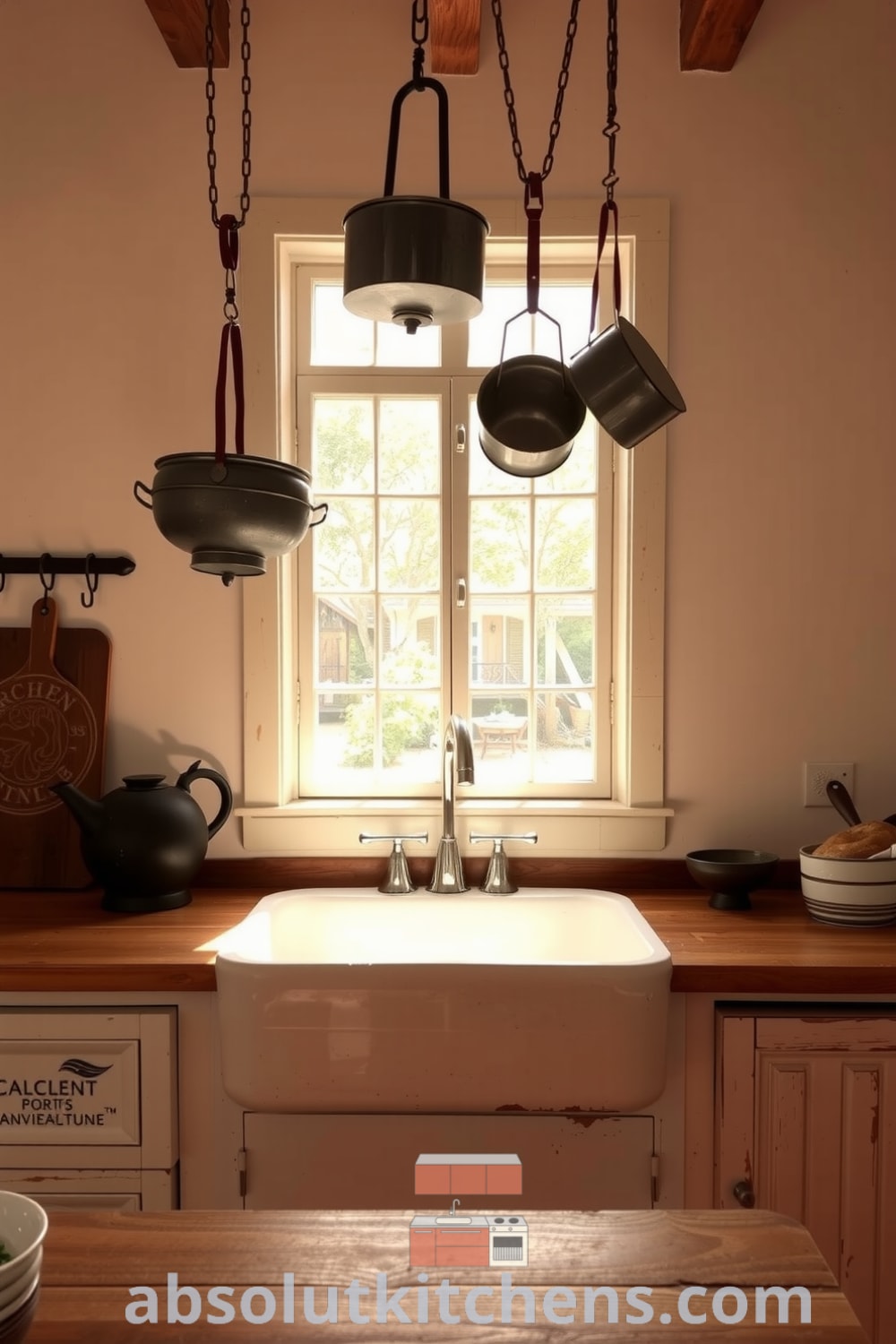 Rustic kitchen with soft white walls, reclaimed wood countertop, vintage metal pots, and a deep farmhouse sink, filled with the enticing aroma of freshly baked bread, providing cozy ideas and decor inspirations for your home at fireplacesandwoodstoves.com.