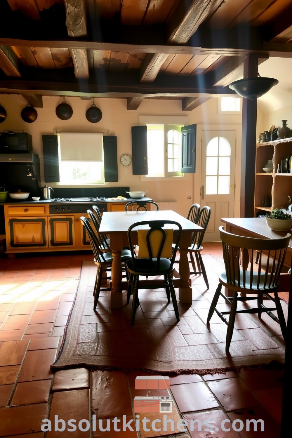 Cozy French kitchen with terracotta tiles, wooden beams, a large farmhouse table, and hanging pots, capturing a warm and inviting atmosphere perfect for family gatherings and home-cooked meals. Visit absolutkitchens.com for inspiring decor ideas.