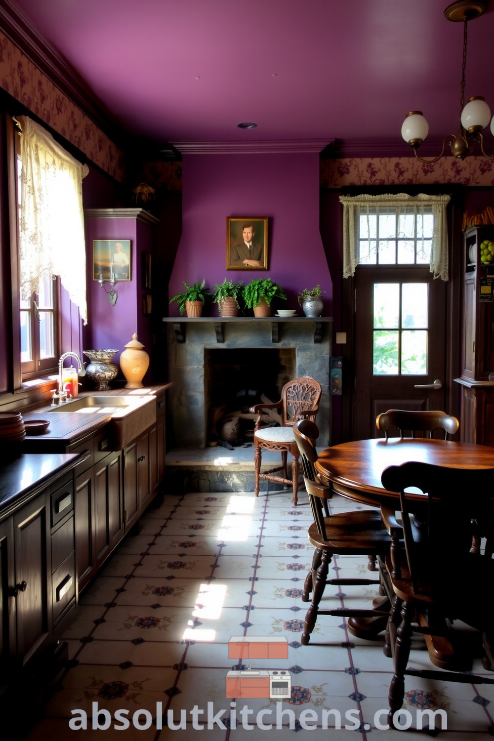 Cozy Victorian kitchen with rich purple walls, dark wooden cabinets, and a stone hearth, featuring lace curtains and a vintage tile floor, perfect for inspiring decor ideas for your home at absolutkitchens.com.
