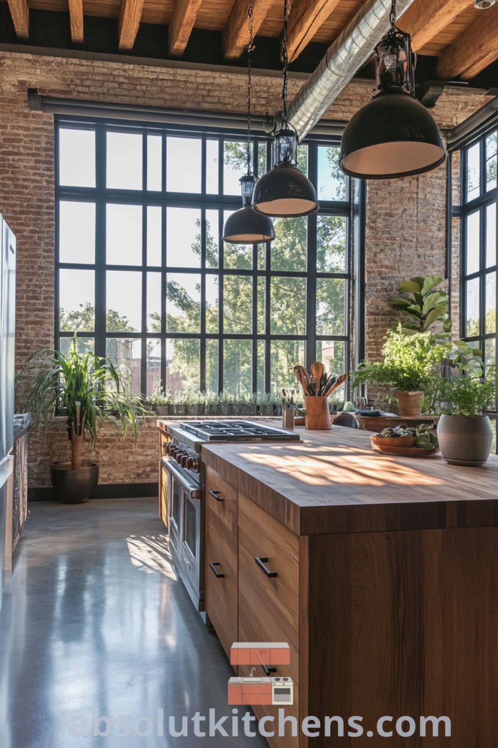 Inviting loft kitchen design on absolutkitchens.com featuring industrial concrete floors, cozy aesthetic, and inspiring decor ideas for small spaces.