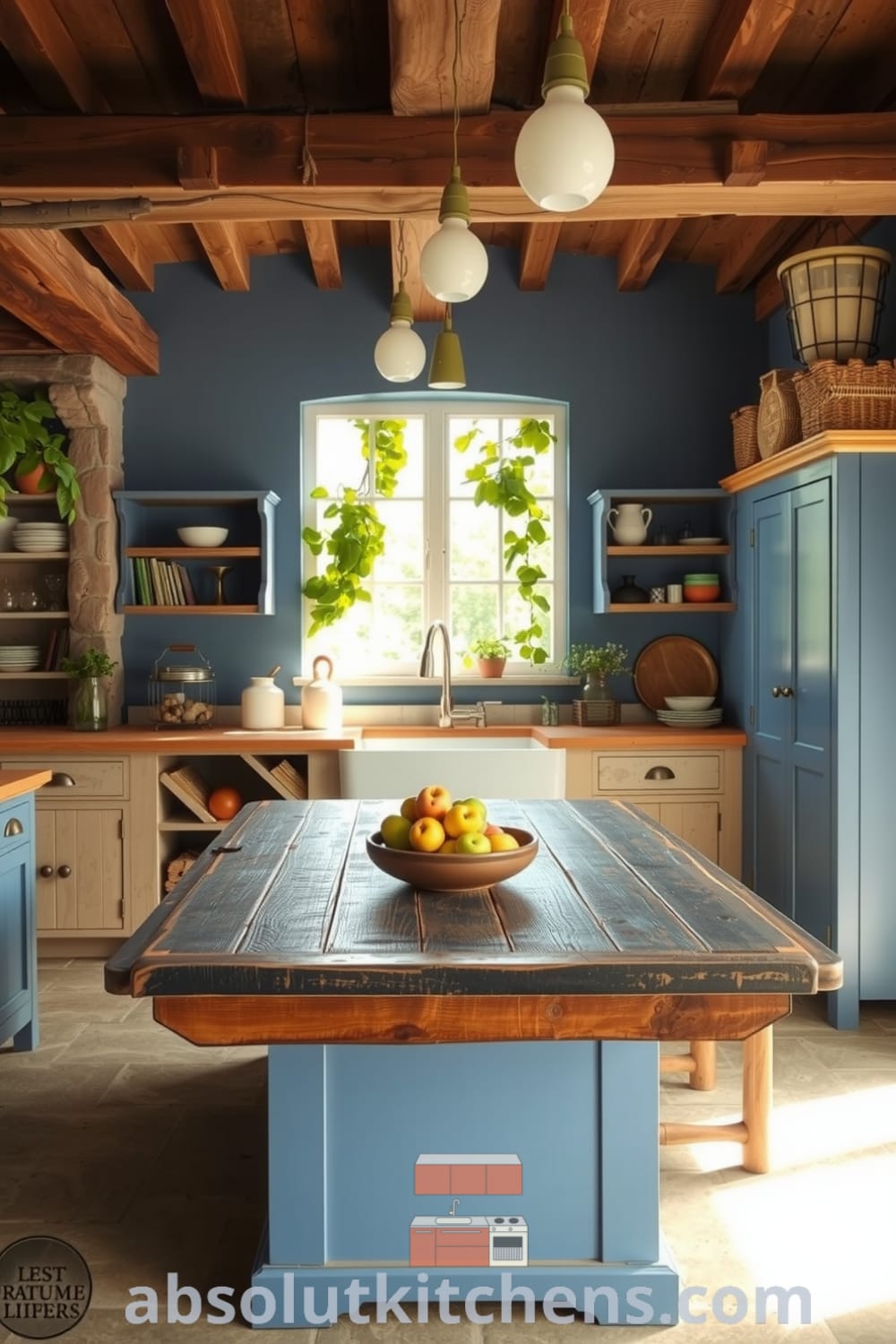 Rustic kitchen featuring blue hues, weathered wood, and stone, with exposed beams, a farmhouse sink, and a centerpiece bowl of seasonal fruit, creating a cozy home atmosphere ideal for family gatherings, as seen on fireplacesandwoodstoves.com.