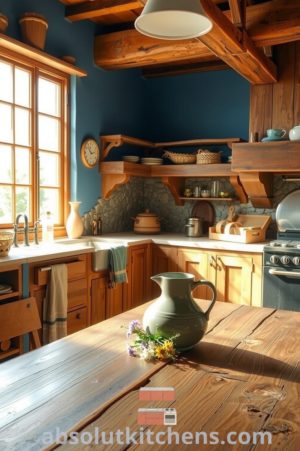 Cozy kitchen featuring warm blue rustic decor with weathered wooden cabinetry, stone backsplash, reclaimed wood countertops, and a handmade ceramic pitcher with wildflowers; ideal for inspiring cozy home designs at absolutkitchens.com.