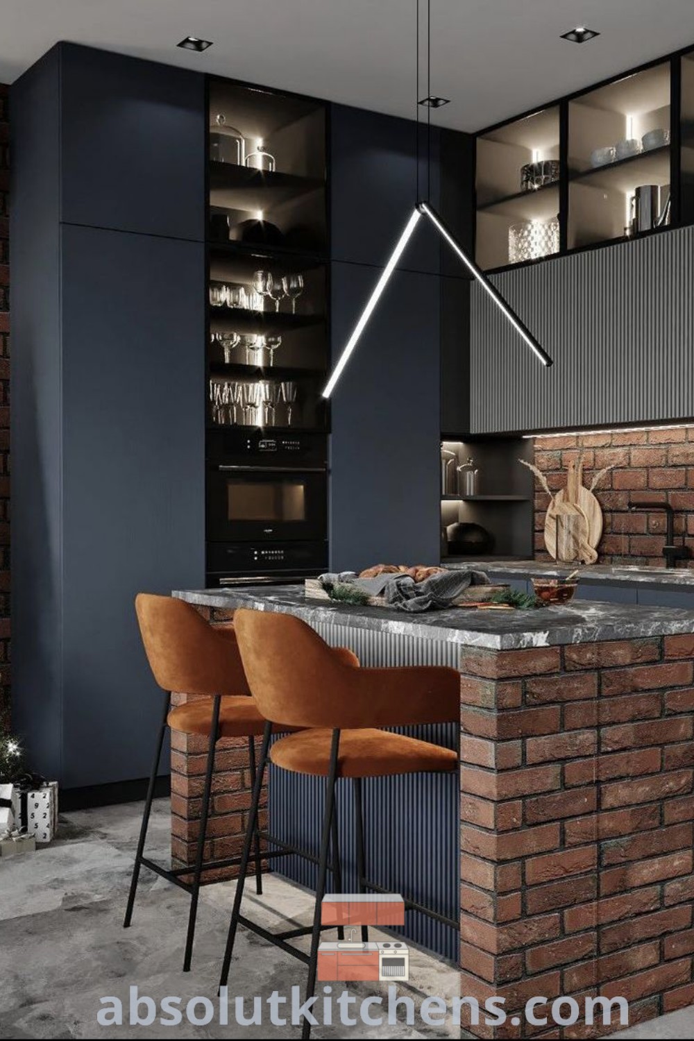 A modern industrial kitchen featuring exposed brick walls and stylish bar stools, exemplifying small apartment interior design and DIY kitchen renovation ideas. This space is filled with decor inspirations and unique ideas for your home. Discover more on wellnesswink.com.
