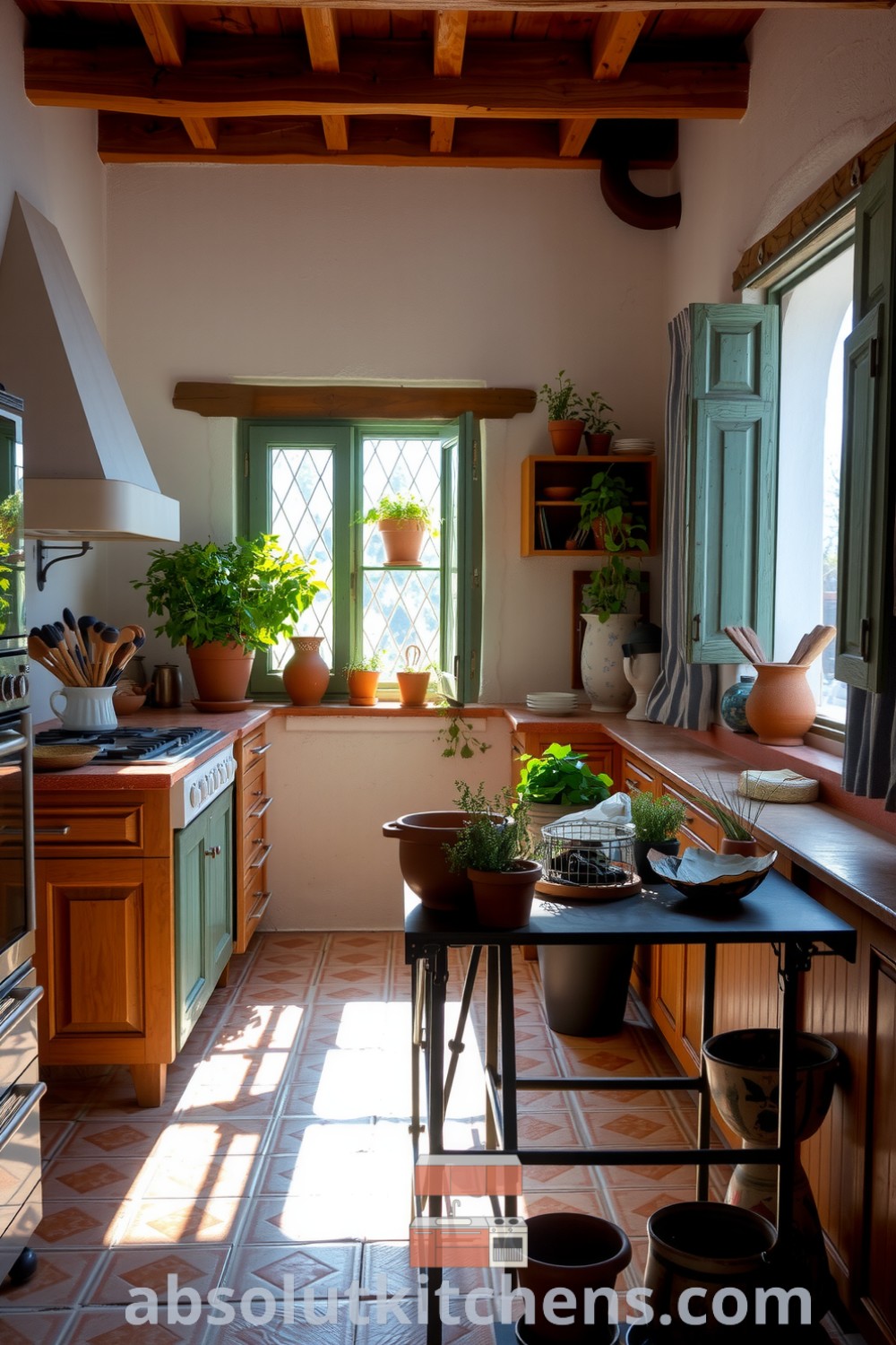 Cozy Mediterranean kitchen with whitewashed walls, terracotta tiles, a metal-framed island, and herbs in terracotta pots, showcasing design ideas for a warm culinary atmosphere perfect for gatherings and inspiration at absolutkitchens.com.