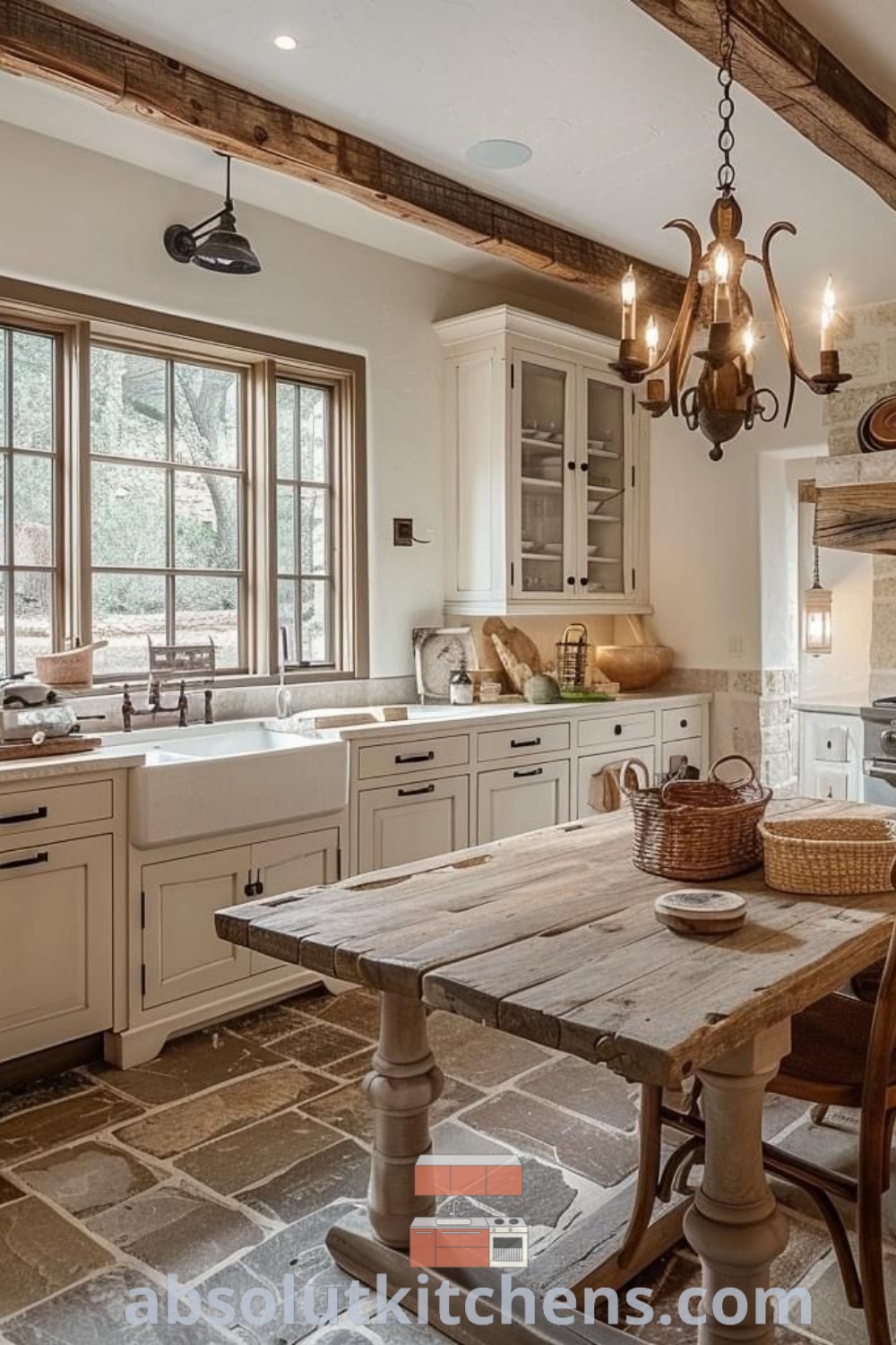 A cozy kitchen showcasing a distressed table surrounded by charming vintage chairs and rustic stone flooring, ideal for country kitchens and farmhouse design. This inspiring space offers decor ideas for small spaces while emphasizing comfort and style. Discover more design trends at absolutkitchens.com.