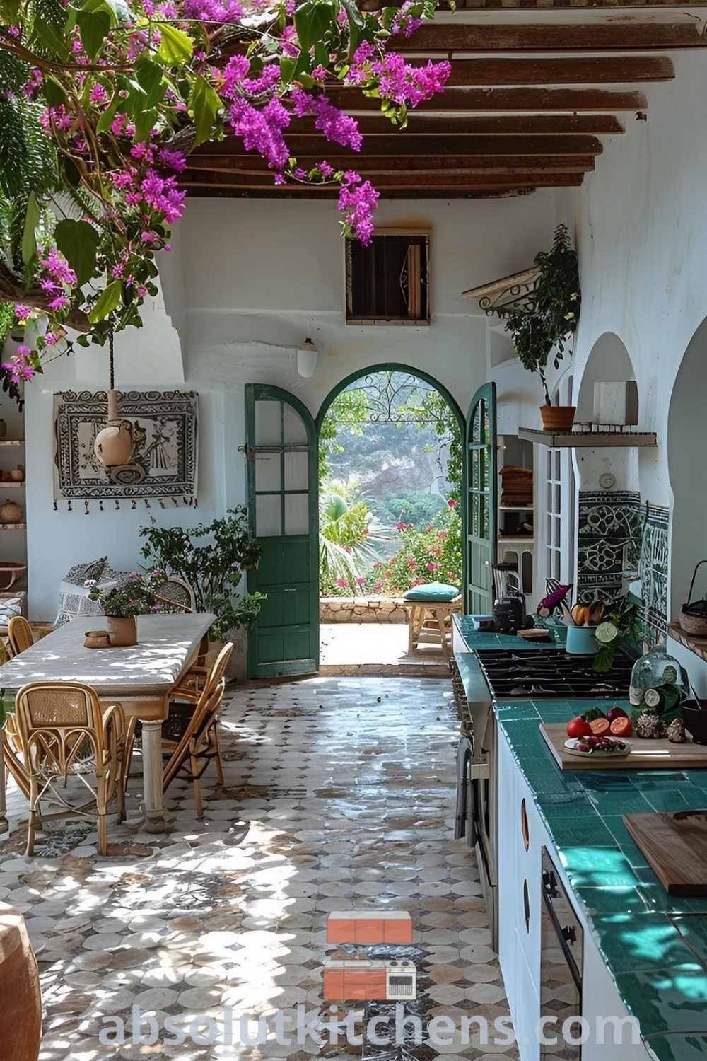 An open kitchen and dining area showcasing potted plants on the ceiling, table, and chairs, beautifully embodying Mediterranean architecture and aesthetics. Ideal for home or apartment decor, this inspiring space offers ideas you need to see for creating a cozy interior. Explore more design trends at absolutkitchens.com.