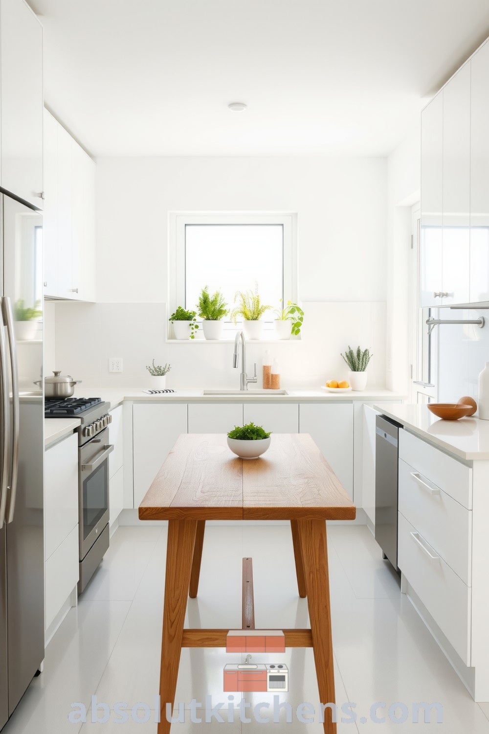 Minimalist kitchen featuring white cabinetry, a wooden table, stainless steel appliances, and potted herbs on the windowsill, embodying cozy ideas and decor inspirations for an inviting home, showcased at fireplacesandwoodstoves.com.