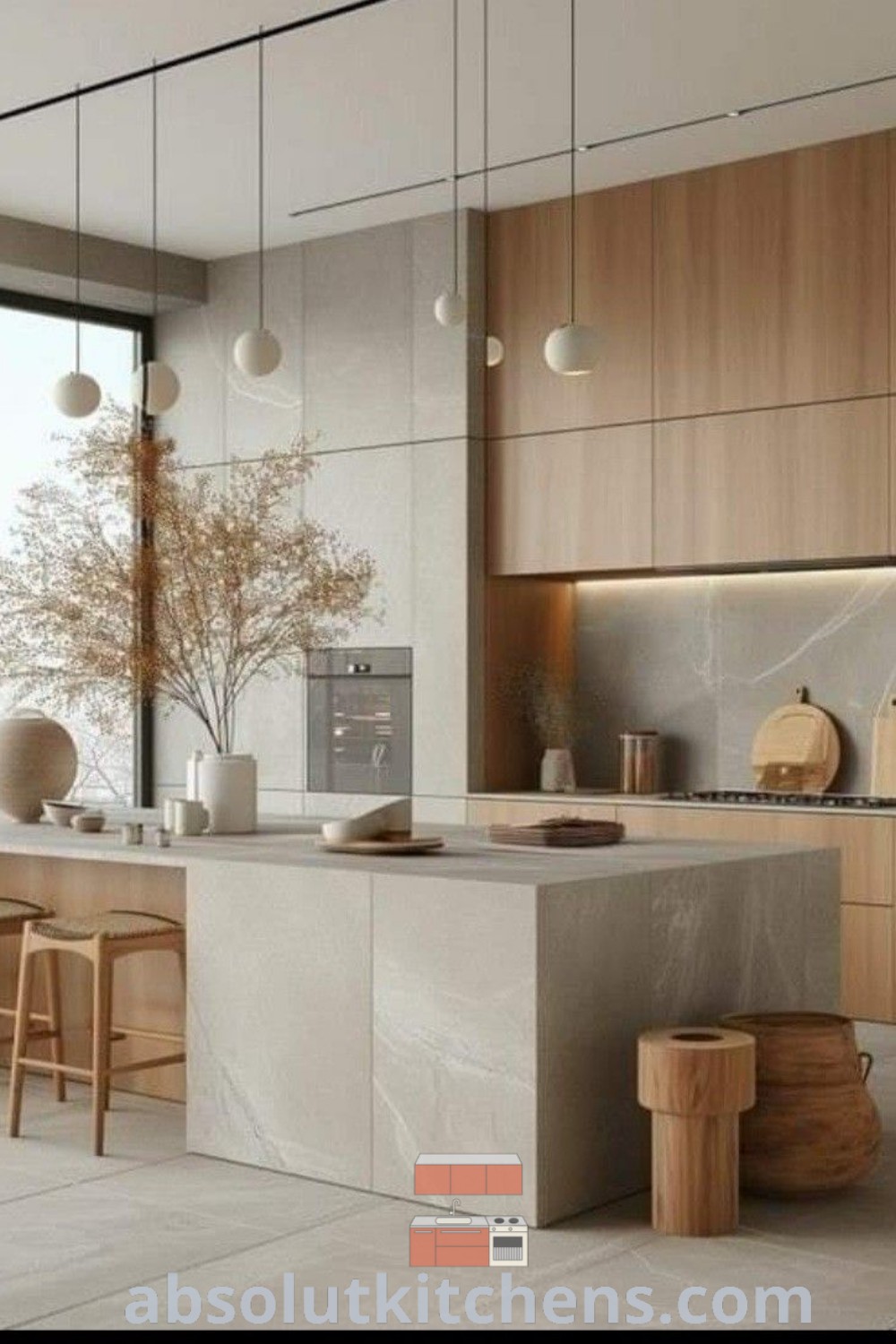 A modern Japandi kitchen with elegant marble countertops, wooden cabinets, and cozy stools by the window, showcasing Scandinavian kitchen design inspirations for a functional and stylish home. Discover unique ideas and decor inspirations at wellnesswink.com.