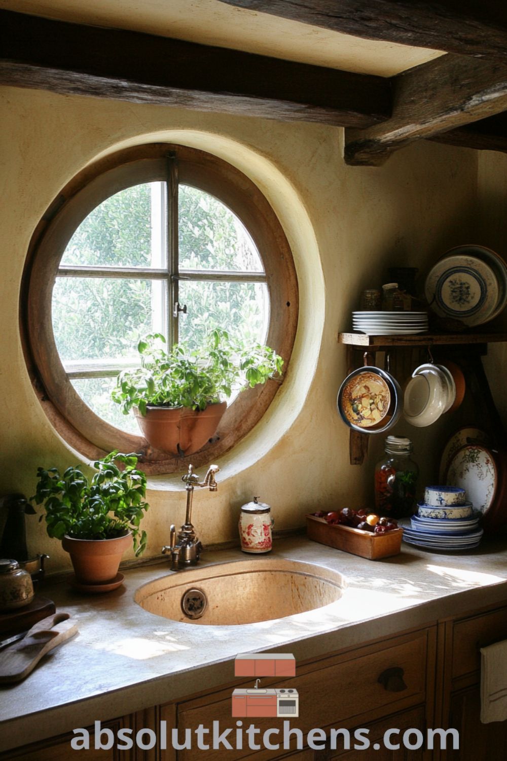 Rustic kitchen with cream walls and oak cabinets on absolutkitchens.com featuring cozy aesthetic, decor ideas for small spaces, and a homey vibe.