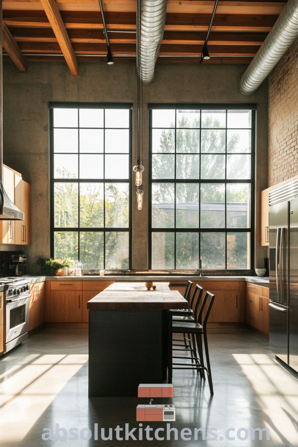 Stylish urban loft kitchen design on absolutkitchens.com featuring high ceilings, cozy wood accents, and modern lofts, ideal for entertaining and inspiring decor ideas for small spaces.