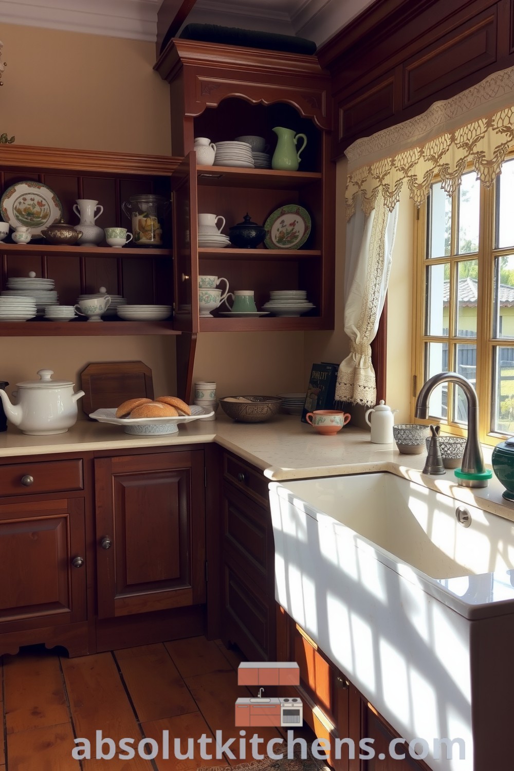 Cozy Victorian kitchen with creamy beige walls, intricately carved wooden cabinetry, and a heavy marble countertop, showcasing mismatched crockery and lace-trimmed curtains that create an inviting atmosphere for a unique home. Visit absolutkitchens.com for inspiring decor ideas.