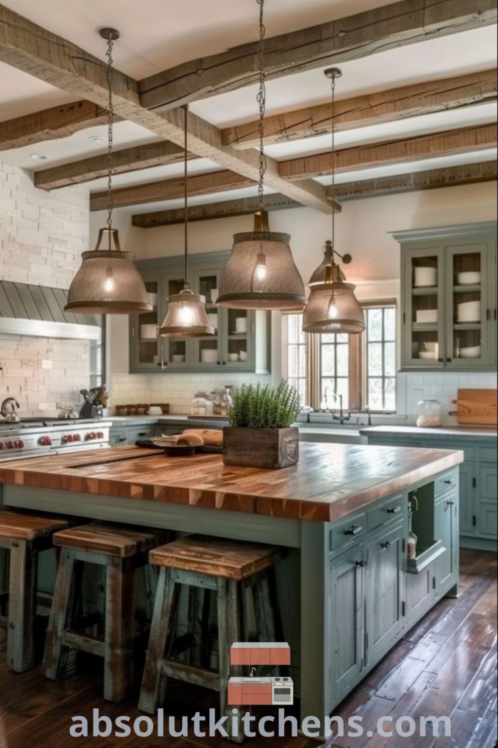 A large craftsman-style kitchen with an island in the middle and two stools, showcasing modern farmhouse kitchen design ideas and decor tips for cozy aesthetics. Discover inspiring kitchen layouts that blend functionality and style at absolutkitchens.com.