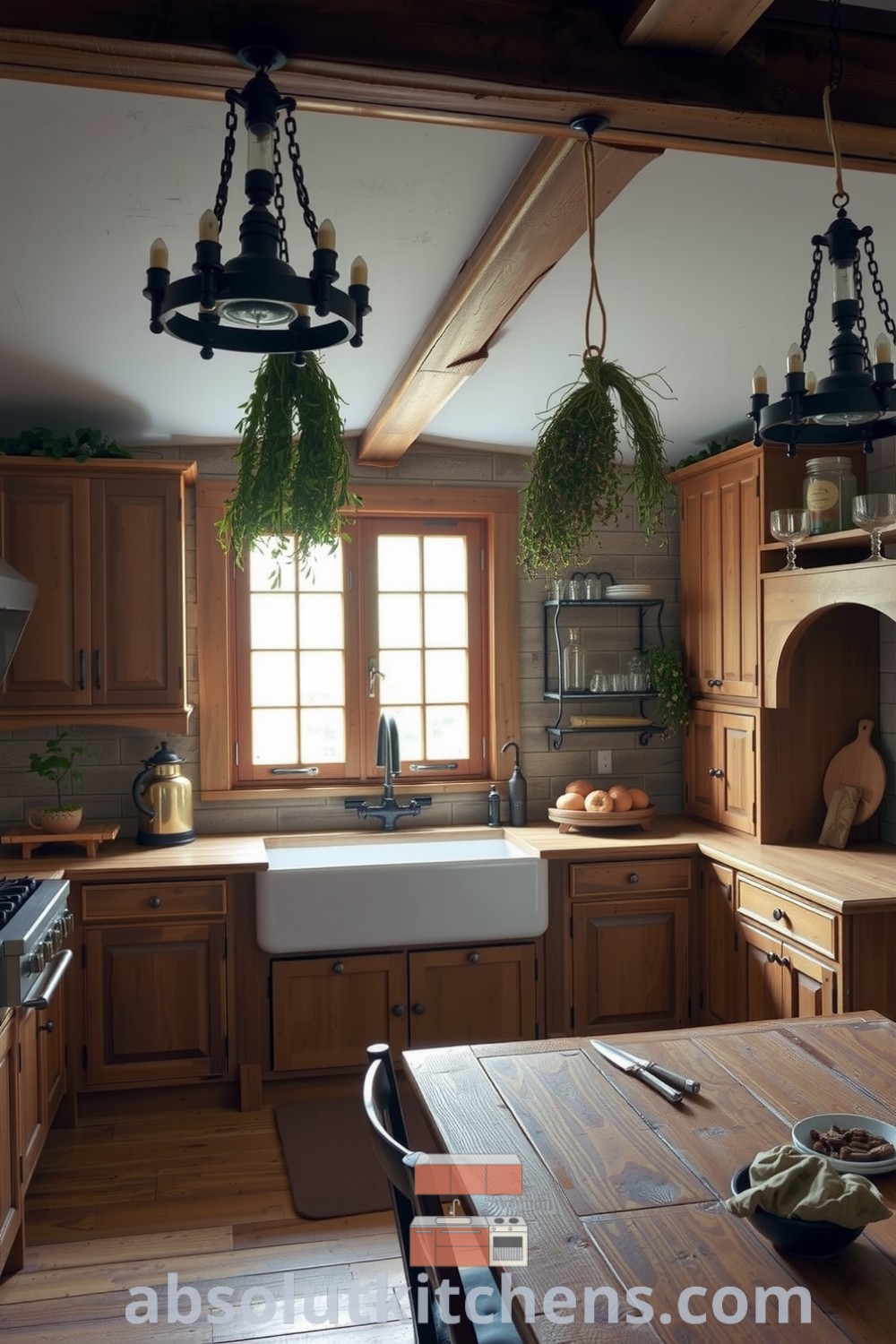 Cozy rustic kitchen featuring blackened wrought iron fixtures, weathered wood cabinetry, and a large farmhouse sink with reclaimed wood countertops, adorned with dried herbs and freshly baked bread, creating a warm and inviting atmosphere perfect for gatherings. Visit absolutkitchens.com for inspiring decor ideas.