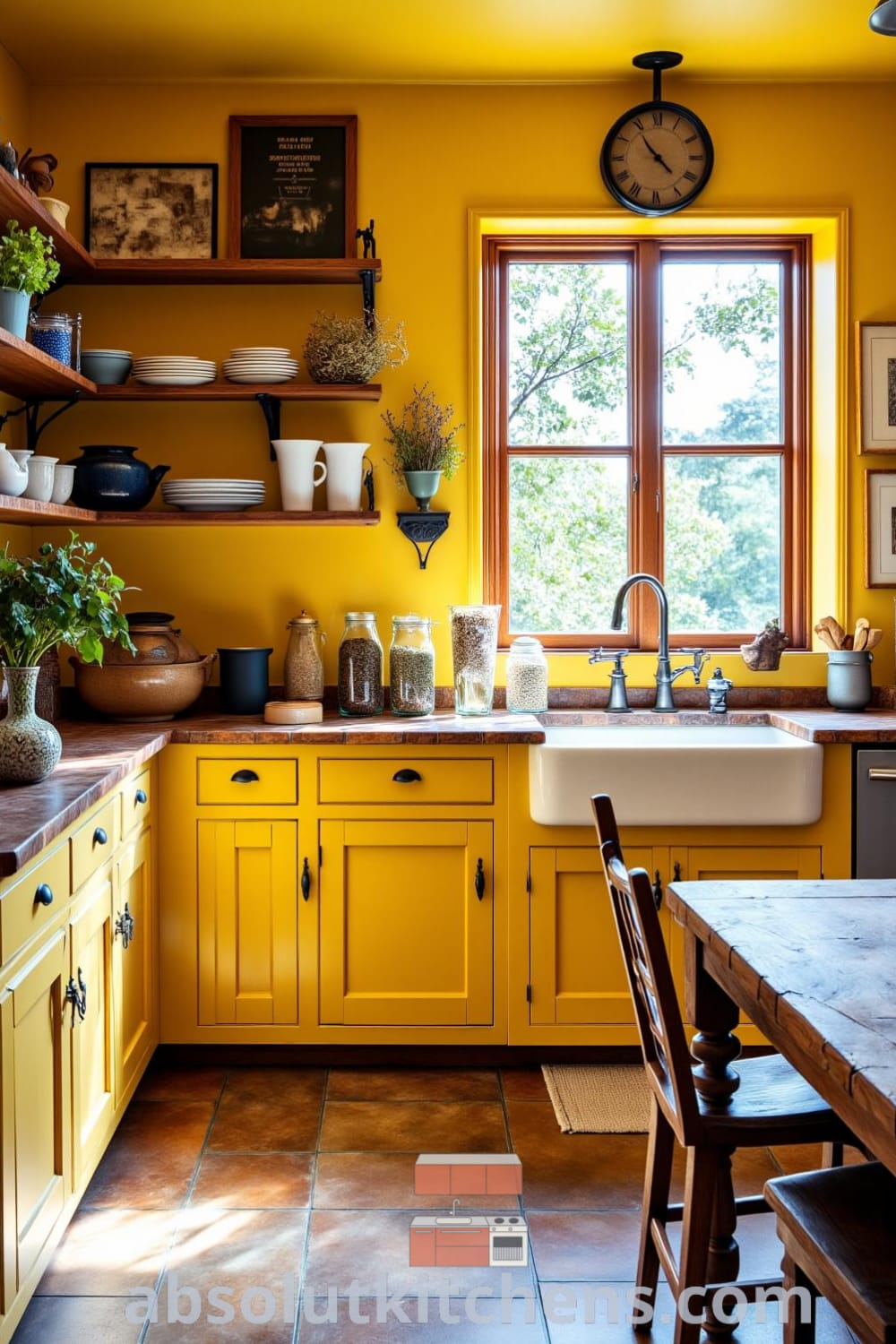 Rustic kitchen with warm yellow tones, weathered wooden cabinets, sturdy stone floor, farmhouse sink, mismatched ceramic dishes, and herbs, creating a cozy atmosphere and inviting family gatherings, with design ideas from fireplacesandwoodstoves.com.