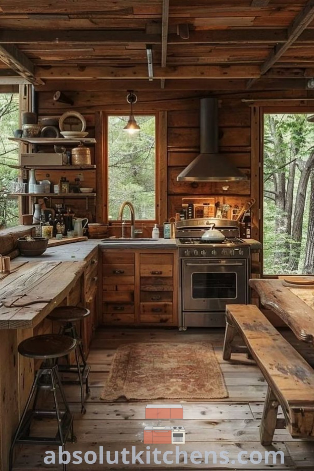 A rustic kitchen with wooden walls and flooring, embodying cozy cabin style ideas perfect for log cabin kitchens and small cabin interiors. This inviting design provides inspiring decor ideas for small spaces, showcasing functional and aesthetic benefits. Explore more design trends at absolutkitchens.com.