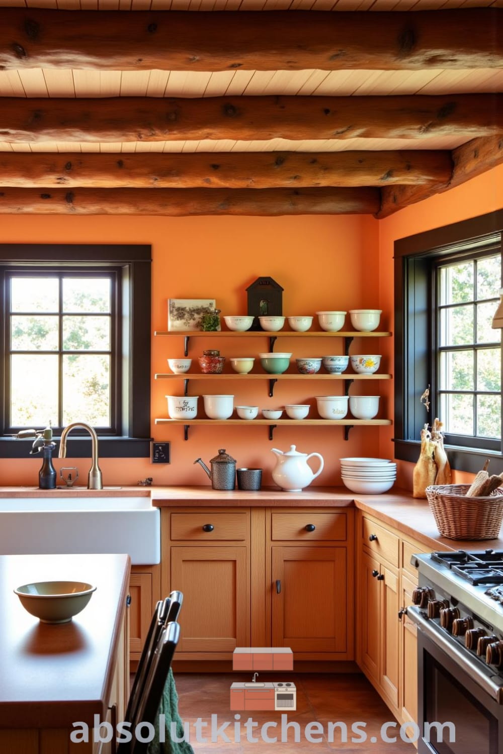 Rustic kitchen adorned with warm orange tones, wooden beams, butcher block countertops, mismatched ceramic bowls, and a deep farmhouse sink, creating a cozy home atmosphere filled with baked bread scents; inspiring ideas for your home at fireplacesandwoodstoves.com.