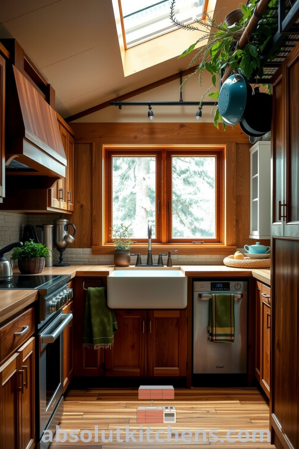Cozy nature-inspired kitchen with reclaimed wood cabinets, stone backsplash, and a farmhouse sink, featuring vintage pots and herbs, offering ideas for a warm, inviting, and functional space. Visit absolutkitchens.com for more decor ideas.