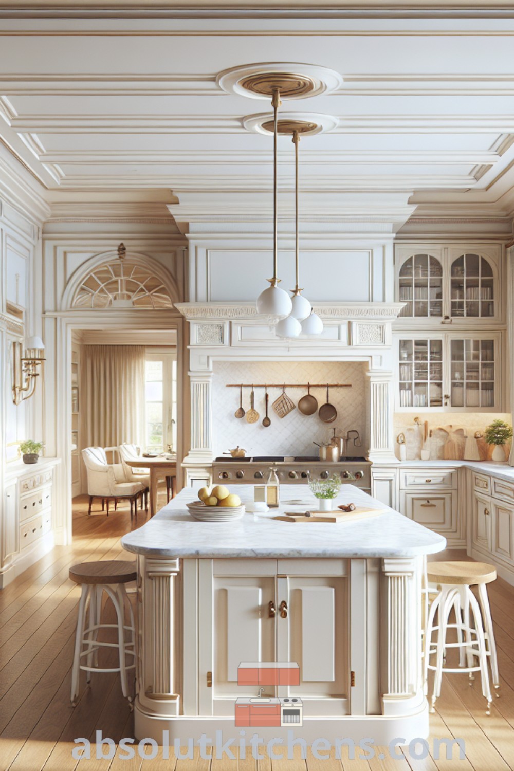 A luxurious kitchen design showcasing a large island, marble countertops, and white classic wooden cabinets, highlighted by traditional brass fixtures and beige walls. This vintage mansion kitchen seamlessly blends modern amenities with an old money aesthetic, offering inspiring decor ideas for house renovations at absolutkitchens.com.