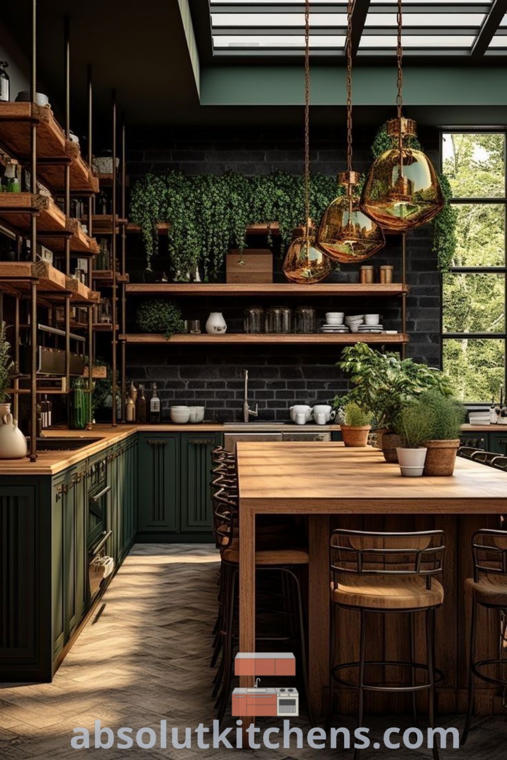 A rustic kitchen filled with lush green plants, hanging lights above the countertop, and shelves brimming with potted plants. This charming decor showcases modern kitchen ideas that blend functionality and cozy aesthetics, perfect for homes or apartments. Discover more decor ideas at absolutkitchens.com.