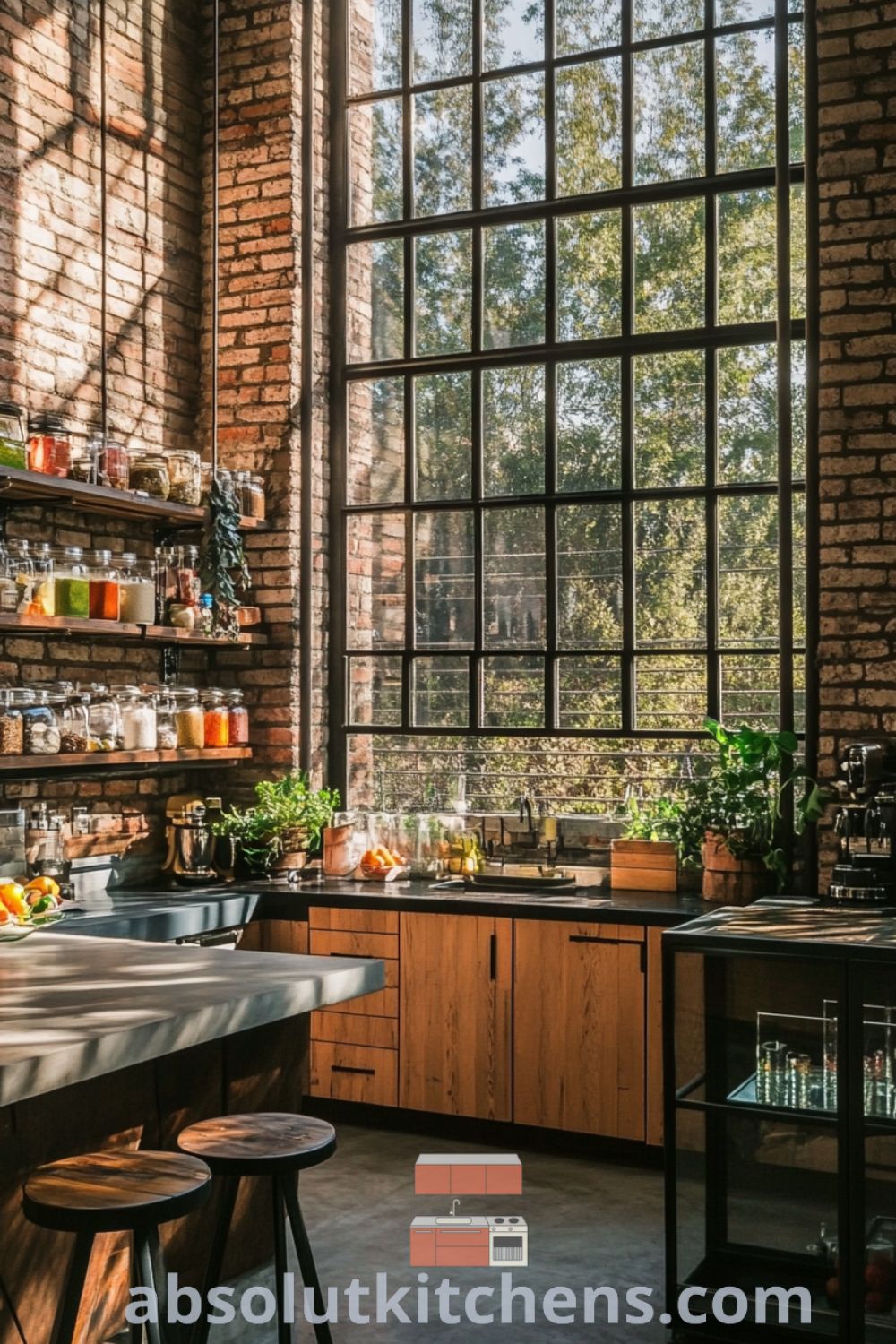 Charming loft kitchen design on absolutkitchens.com featuring industrial accents, cozy aesthetic, and decor ideas for small spaces.
