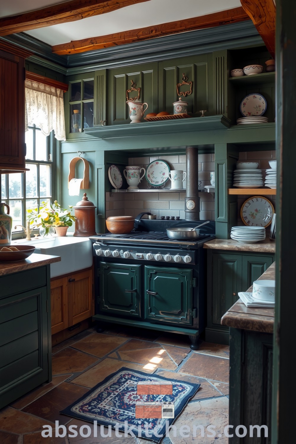 Cozy Victorian kitchen featuring rich green wooden cabinets, a cast-iron stove, and hand-painted china on open shelves, illuminated by sunlight filtering through lace curtains, showcasing inspiring decor ideas for your home for a warm and inviting atmosphere. Visit absolutkitchens.com for more unique ideas.
