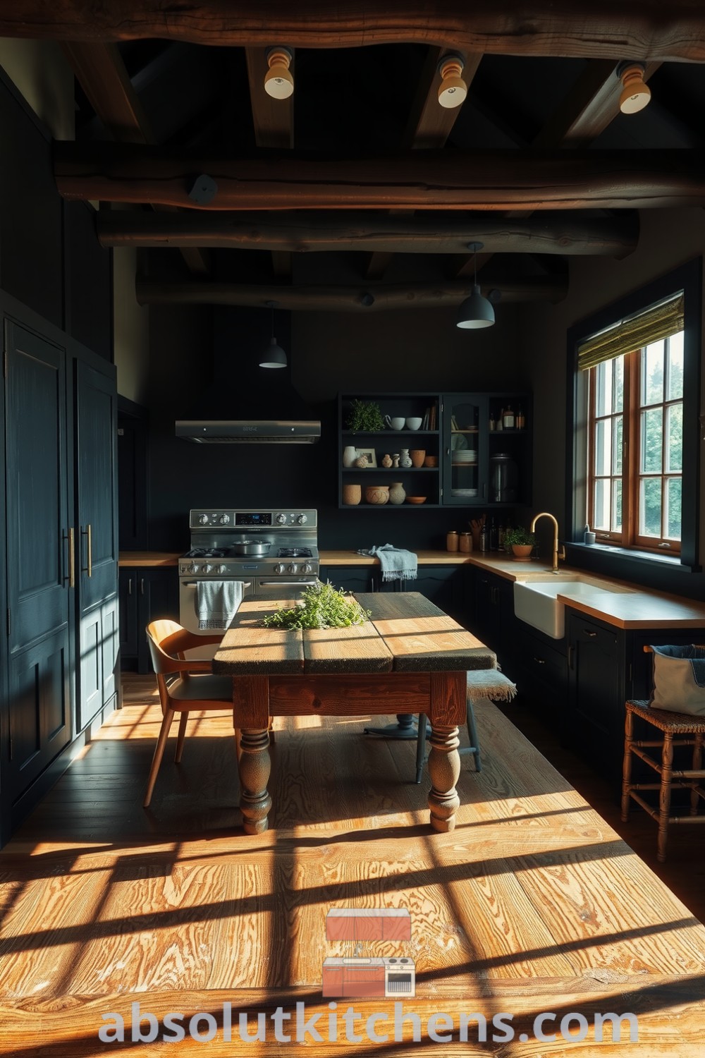 Cozy rustic kitchen featuring deep black tones, rich wood cabinetry, and a sturdy stained table at the center, designed for warm family gatherings and decorated with potted herbs, showcasing inspiring cozy decor ideas from absolutkitchens.com.