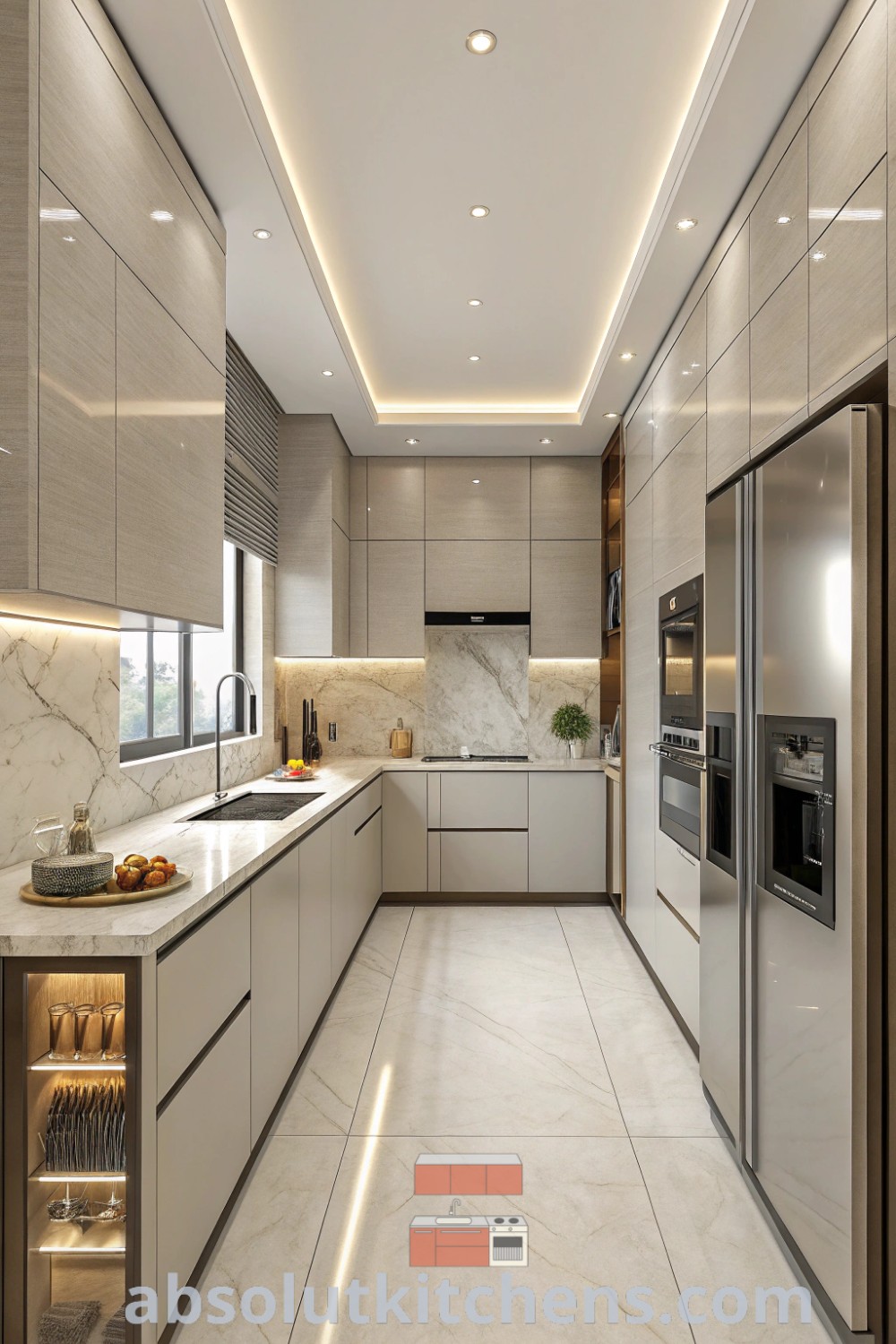 A modern kitchen with marble countertops, stainless steel refrigerators, and clean white kitchen cabinets, showcasing minimalist design ideas and functional decor inspirations. This contemporary white kitchen features a built-in wine cooler, offering unique ideas for a cozy home. Explore more inspiring decor ideas at wellnesswink.com.