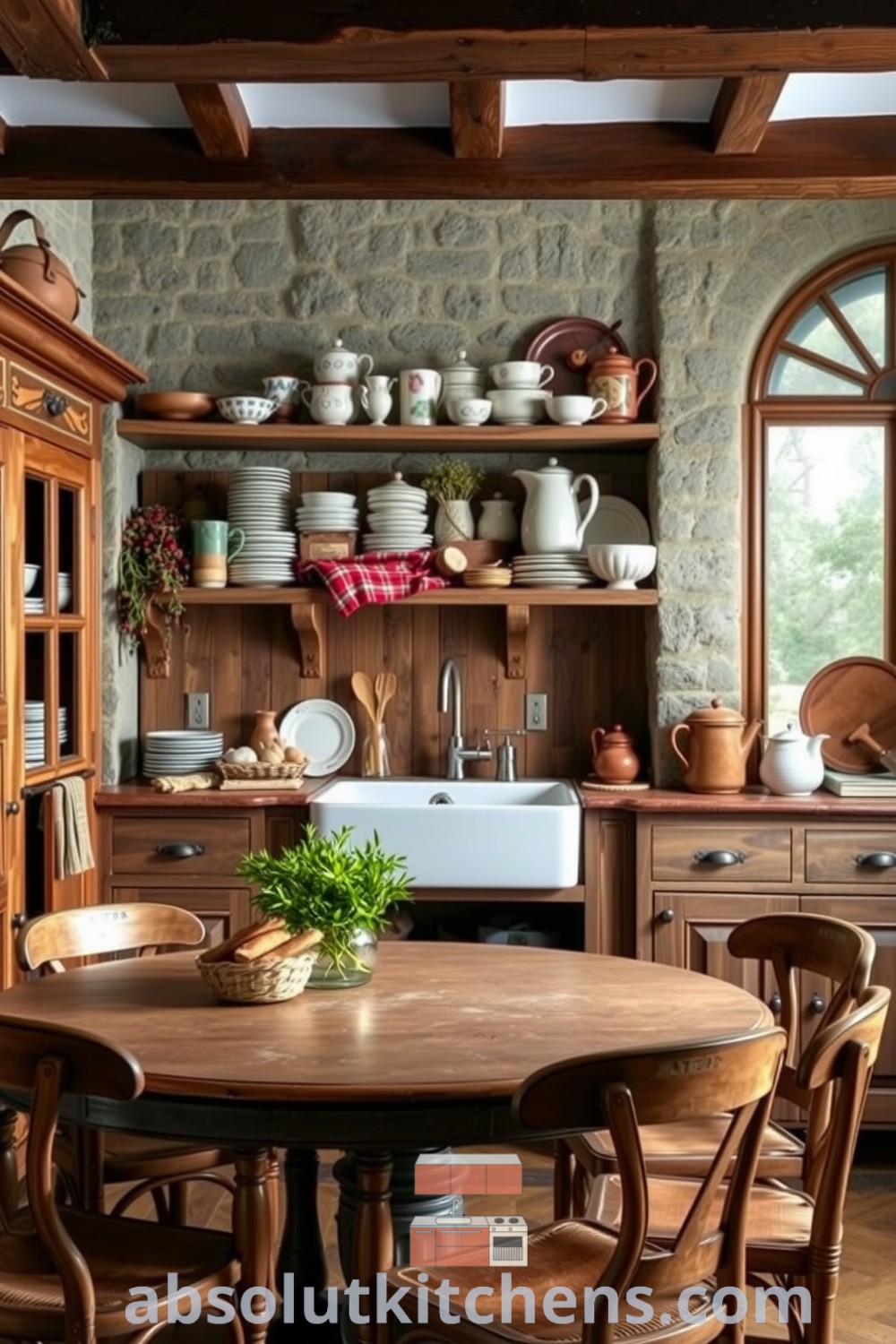Cozy French kitchen featuring earthy wood tones, muted stone, open shelves with mismatched crockery, a round dining table, and aromas of fresh baguettes and herbs, showcasing inspiring decor ideas for a warm, inviting home at absolutkitchens.com.